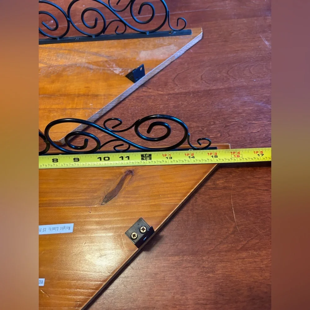 Wood Corner Shelves w Wire Scrolling set of 2